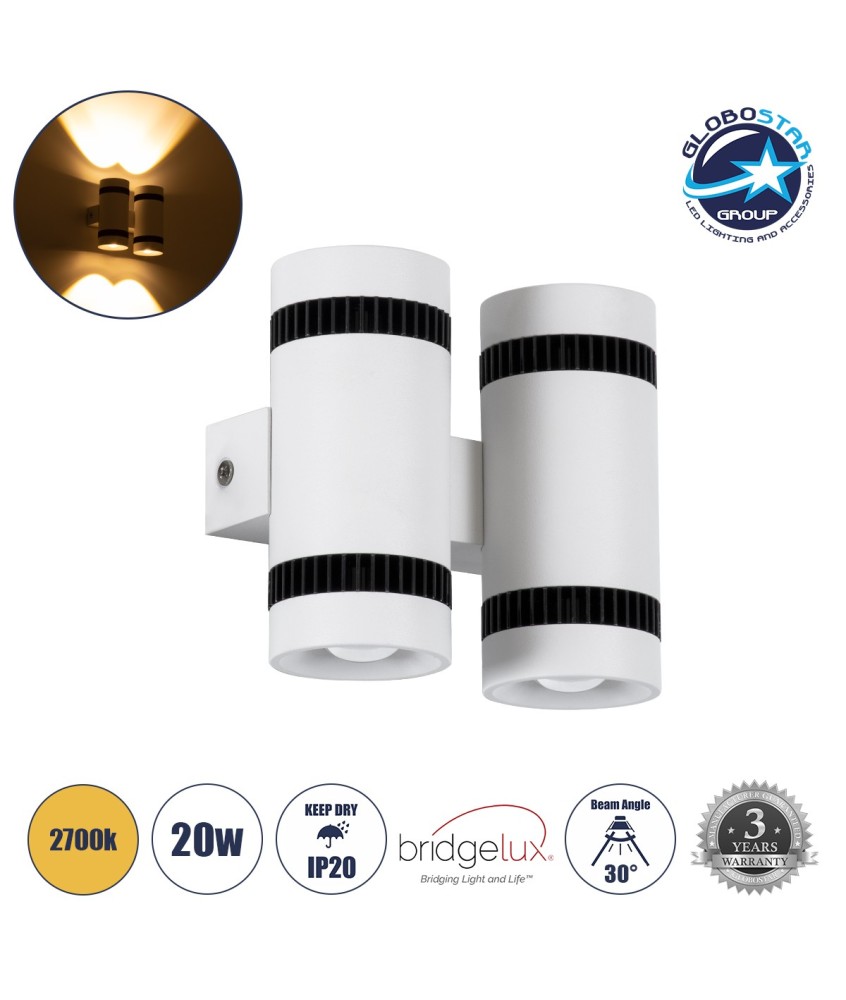 GLOBOSTAR® CANNONAL 60578 Μοντέρνο Φωτιστικό Τοίχου - Απλίκα LED 20W 2300lm 30° AC 220-240V IP20 Θερμό Λευκό 2700K - Bridgelux COB Chip & TÜV SÜD Driver - Μαύρο Ματ & Λευκό Ματ - Μ12 x Π6.5 x Υ11cm - 3 Χρόνια Εγγύηση